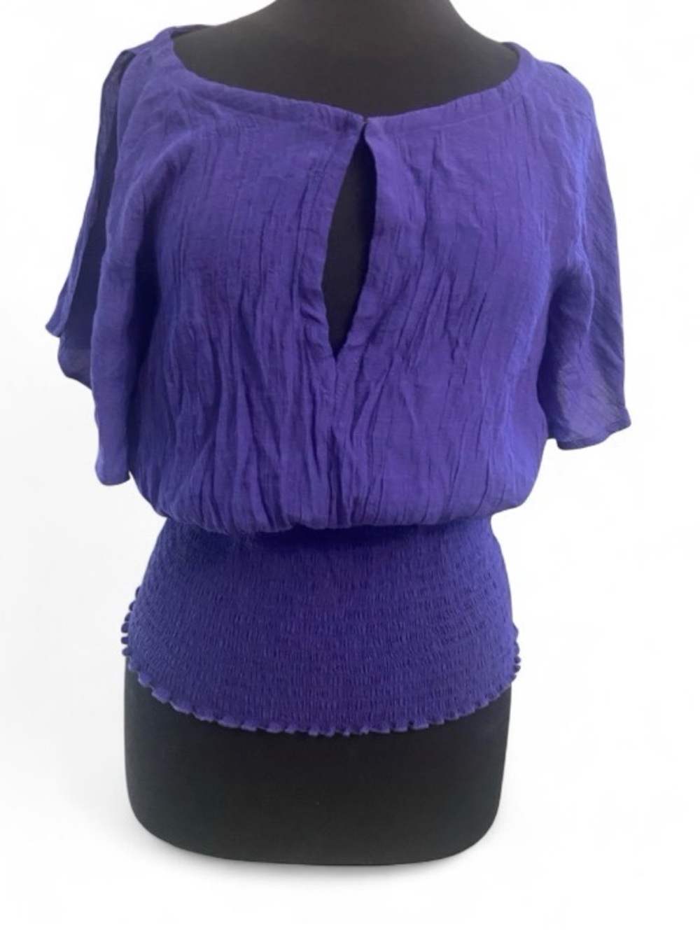 bebe Royal Purple Short Sleeve Smocked Waist Blouse M key hole